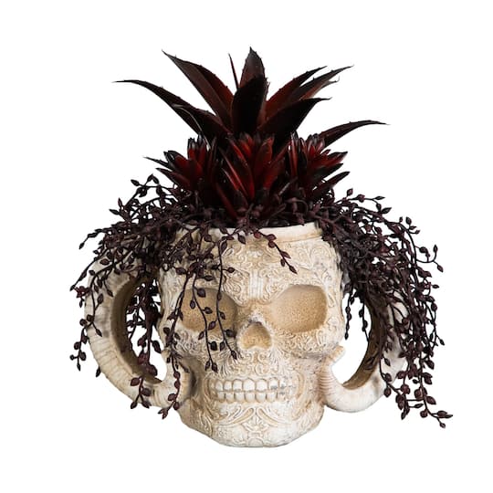 8" Artificial Halloween Succulent Garden in Horned Skull Planter By Nearly Natural in Maroon | 8" x 7" x 8" | Michaels®